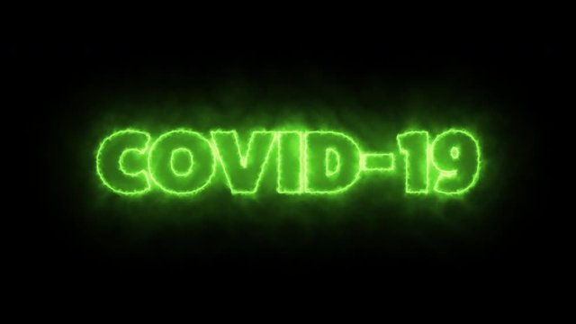 COVID-19 text word written in glowish green letters on a black background. Animated Graphic motion design illustration advertising 4K UHD. Health, security, Pandemic, world lockdown, danger.