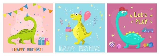Set of Happy Birthday greeting cards with cute dinozaurs. Design for card of birthday, anniversary, party invitation, scrapbooking. Vector illustration.