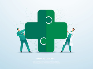 Teamwork concept. doctor putting the puzzle medical icon together vector illustration EPS10