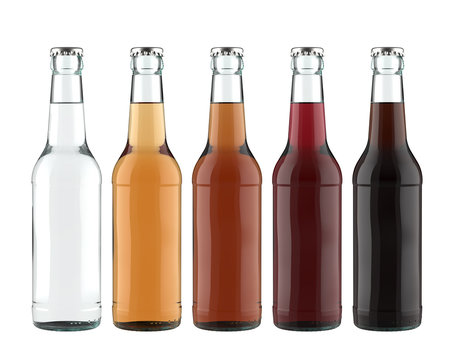 Set of 12 oz Clear Glass Bottles with a Variety Style of Beer or other Drinks. 3D Render Isolated on White.