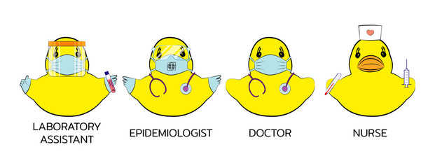 Cute toy ducks in role of different medical workers, in protective masks. Nurse and doctor, laboratory assistant and epidemiologist. Kids design elements. Vector