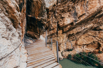 Amazing details of The Little King's Path, Caminito del Rey in Spain.  Beautiful valley and mountain trail, one of the most visited places near Malaga. 