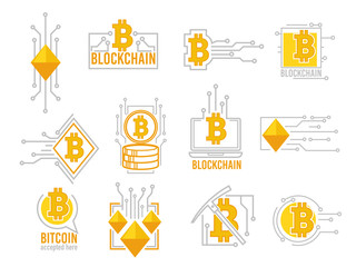 Blockchain and bitcoin banners, cryptocurrency collection digital finances