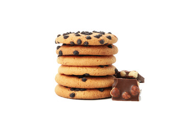 Pile of tasty cookies and chocolate isolated on white background
