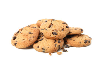 Tasty chocolate chip cookies isolated on white background