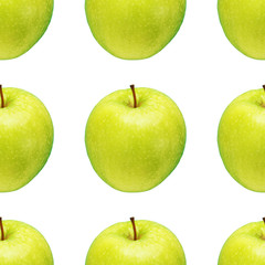 Pattern of green apples on a white background. Isolated fruits. Image for fabric, wallpaper and wrapping paper.