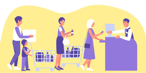 Male and female customers stand at queue at the checkout. Family shopping in supermarket and paying with card. Sale, discount, special offer concept. Flat vector illustration.