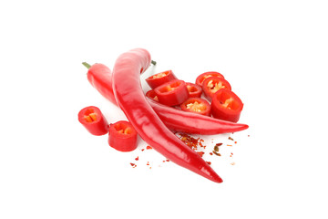 Tasty red chilli peppers isolated on white background