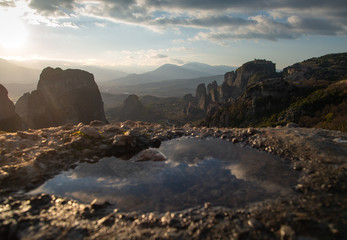 Aerial view of Meteora valley at sunset time, Meteora in Greece