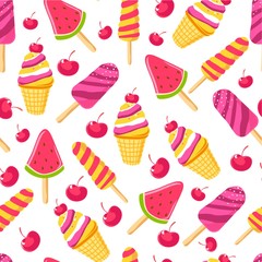 Ice cream with watermelon and cherry tastes seamless pattern