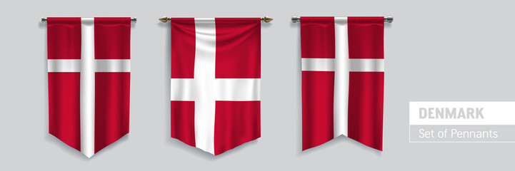 Set of Denmark waving pennants on isolated background vector illustration