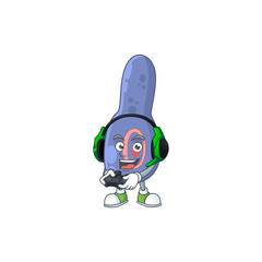 A cartoon design of clostrisium botulinum talented gamer play with headphone and controller