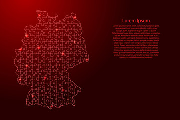 Germany map from red pattern from composed puzzles and glowing space stars. Vector illustration.