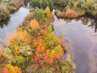 vue aérienne d'une forêt en automne et un lac