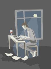 Vector illustration of a young woman playing piano in moonlight with a glass of wine

