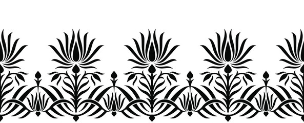 Seamless black and white tribal lotus floral border © malkani
