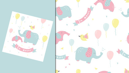Seamless pattern of cute elephant and card design for baby shower
