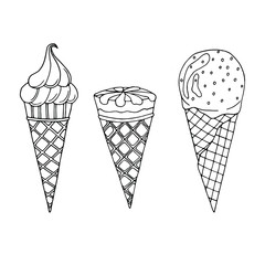 Set of ice cream cone isolated on white background. Vector illustration in a doodle style. Perfect for restaurant menu design, cafe, kitchen, web, print on the cloth. 