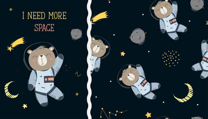 Seamless pattern of hand drawn bear with space concept and card design with astronaut of bear