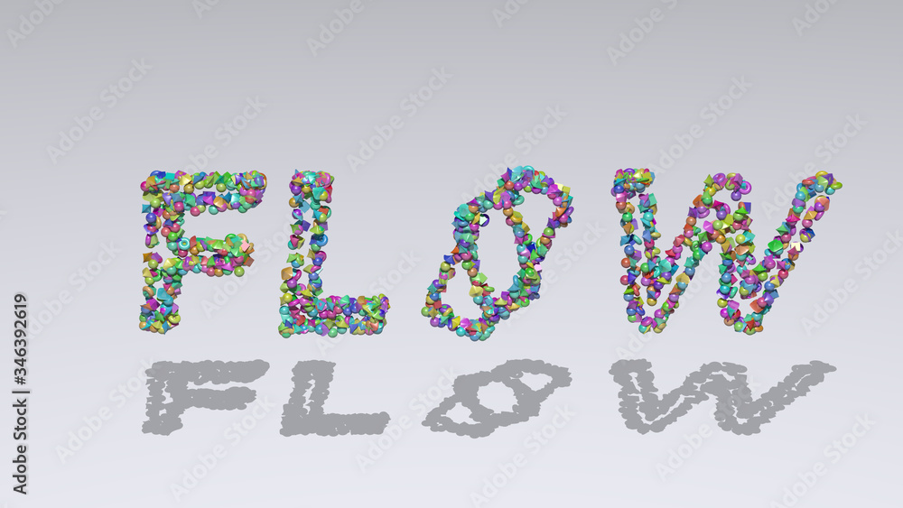 Poster written in 3d illustration by colorful small objects casting shadow on a white background