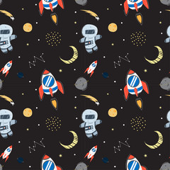Seamless pattern with astronaut and rocket in the space