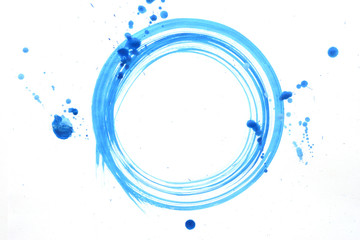 Brush painted blue circle & drops on white background