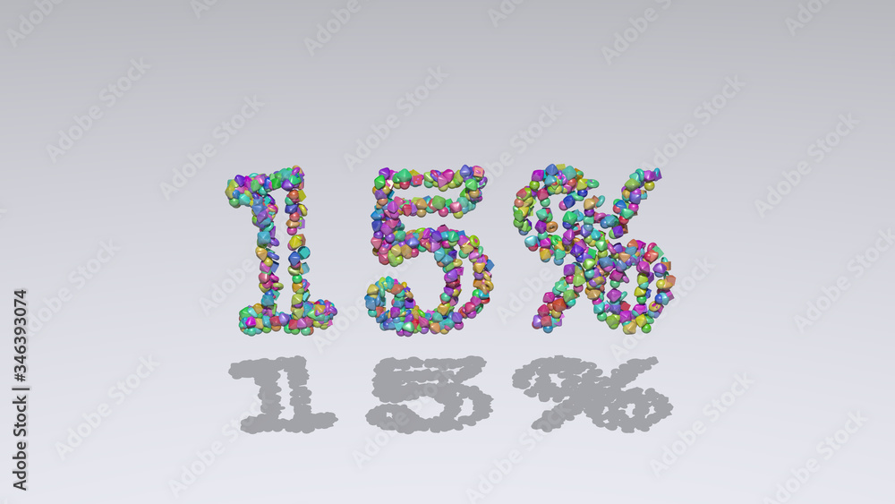Poster colorful 3d writting of text with small objects over a white background and matching shadow