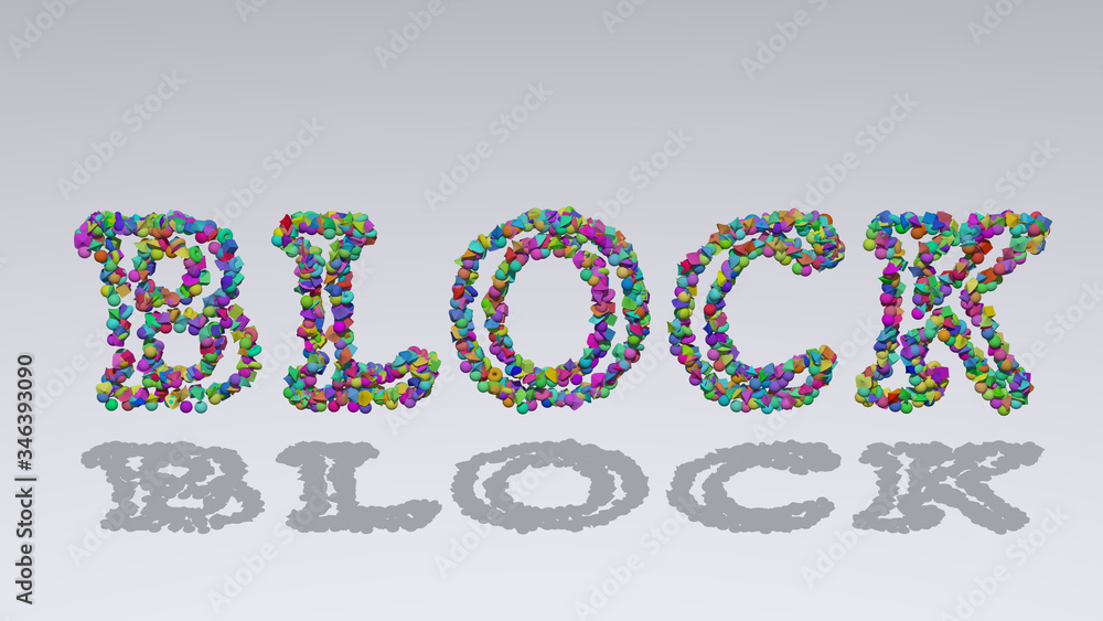 Poster written in 3d illustration by colorful small objects casting shadow on a white background