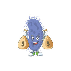 Blissful rich salmonella typhi cartoon character having money bags