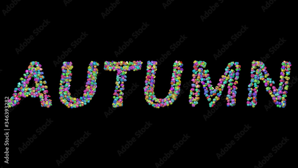 Poster written in 3d illustration by colorful small objects casting shadow on a black background