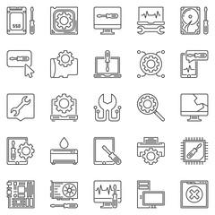 Computer Repair outline icons set. Vector Computer Maintenance concept symbols in thin line style