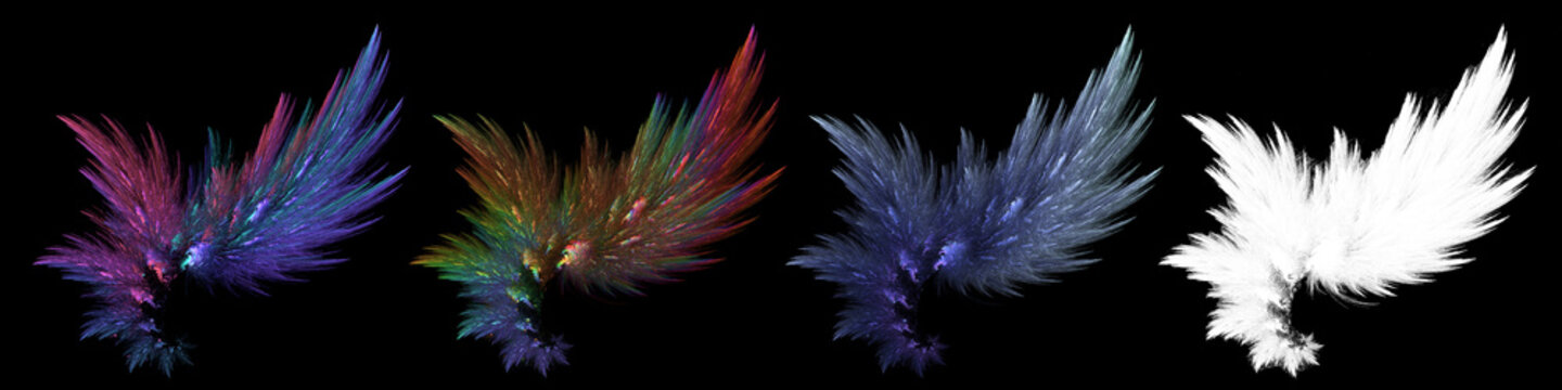 abstract fantasy wings with colorful feathers and white clipping mask