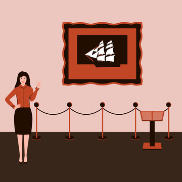 Actions in a Museum or exhibition. A girl with a raised hand and index finger, in a skirt, is talking about a picture of a sailboat hanging on the wall. Monochrome brown color scheme. Vector Concept