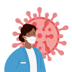doctor female afro using face mask with particle covid 19 vector illustration design