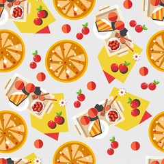 Desserts and sweet dishes, waffles and fruits seamless pattern