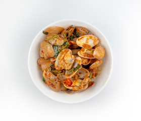 Stir fried clams with roasted chili on white background, Thai Food, Top view