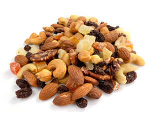 Mix of various nuts and dried fruit on white, Almonds, Raisins, Nuts, top view..