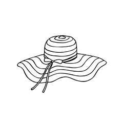 Hand drawn vector illustration. Summer straw hat, headdress with a ribbon. Black sketch, Doodle on a white background.