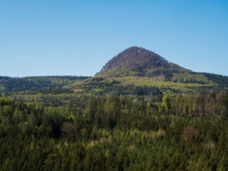 Spring landscape in Lusatian Mountains with view point hill Klic or Kleis, fresh deciduous and spruce tree forest. Blue sky background, horizontal, copy space