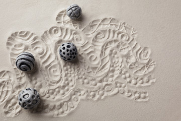 Sensory sand game. Modern zen garden concept. Top view