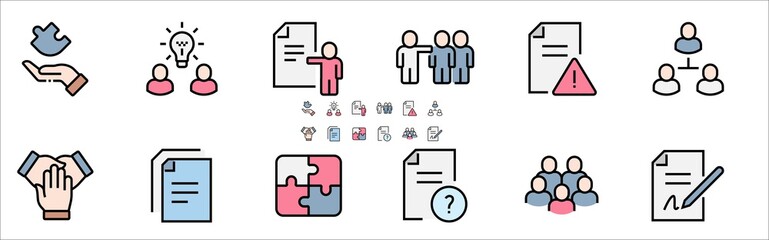 Team Work Filled Outline Icons. Colorful Linear Set Vector Line Icon. Cooperation, Collaboration, Team Meeting and more. 64x64 Pixel Perfect. Editable Stroke