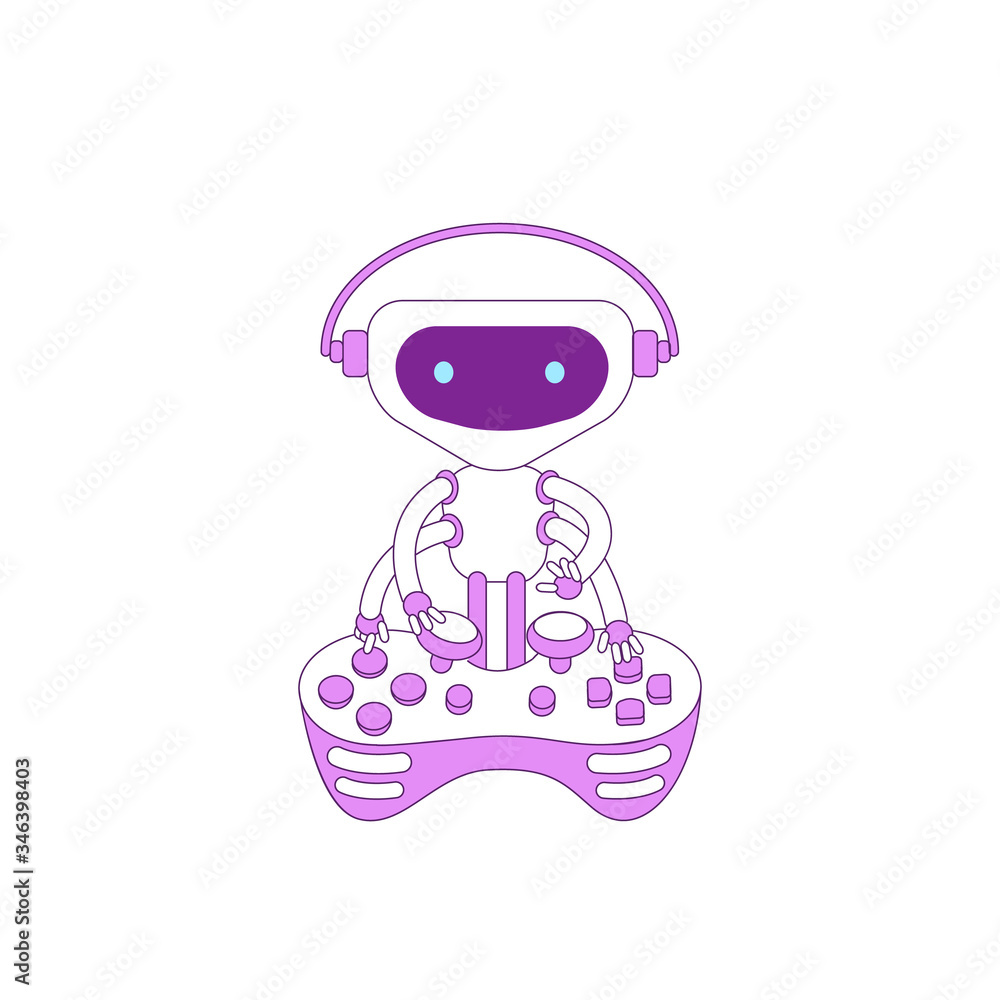 Poster robot playing console joystick violet linear object. video game bot thin line symbol. non player cha