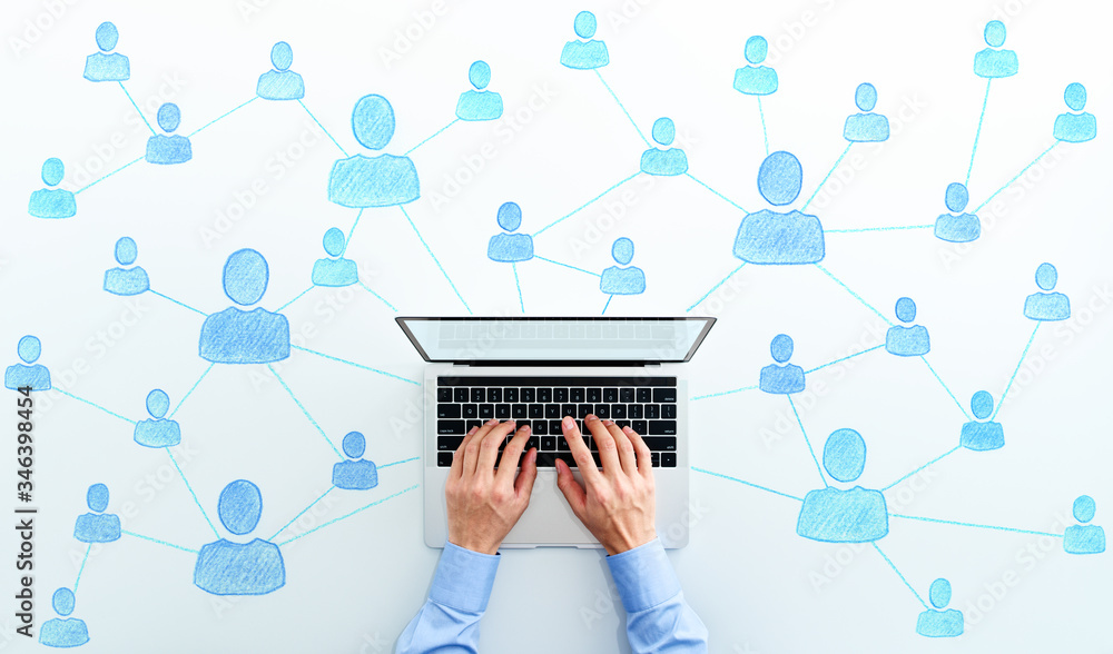 Poster People network structure on internet. Using laptop on white background. Concept image of social network community and telework system.