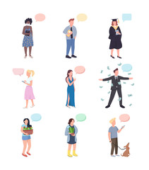 Conversation flat color vector faceless characters set. Gardener with cactus. Dog owner. Woman with champagne. People with speech bubbles isolated cartoon illustrations on white background