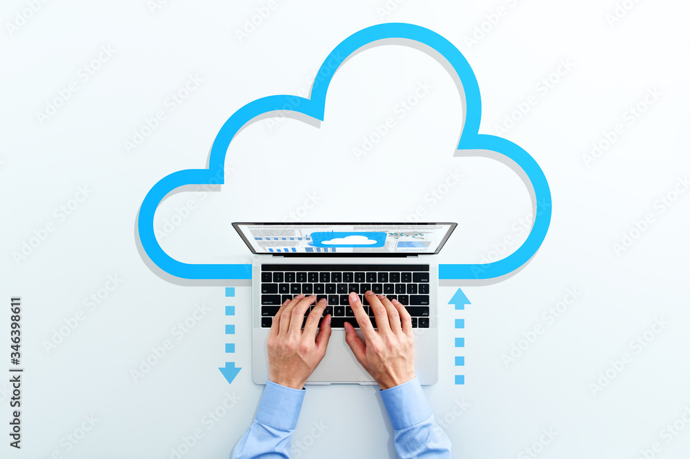 Poster Cloud computing technology. Business man using laptop. Upload and download files.