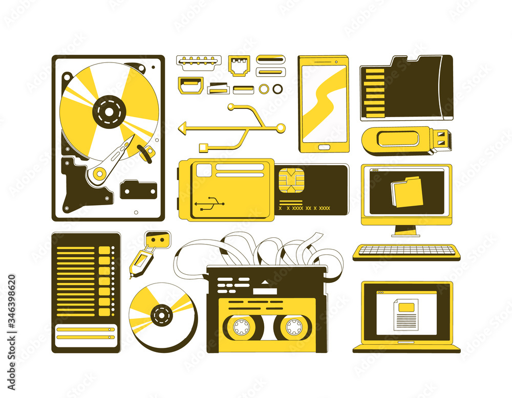 Poster data storage devices yellow linear objects set. storage media thin line symbols pack. modern and old