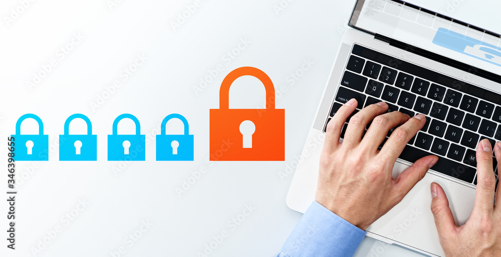 Poster Cyber security and data protection system concept. Top view of business man using laptop and padlock icons on white background.