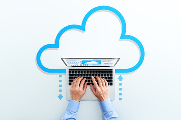 Cloud computing technology. Business man using laptop. Upload and download files. - obrazy, fototapety, plakaty