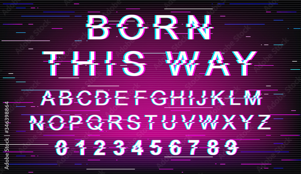 Fototapete born this way glitch font template. retro futuristic style vector alphabet set on violet background.