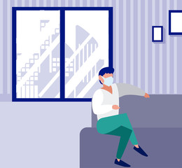 Man seated with mask at home vector design